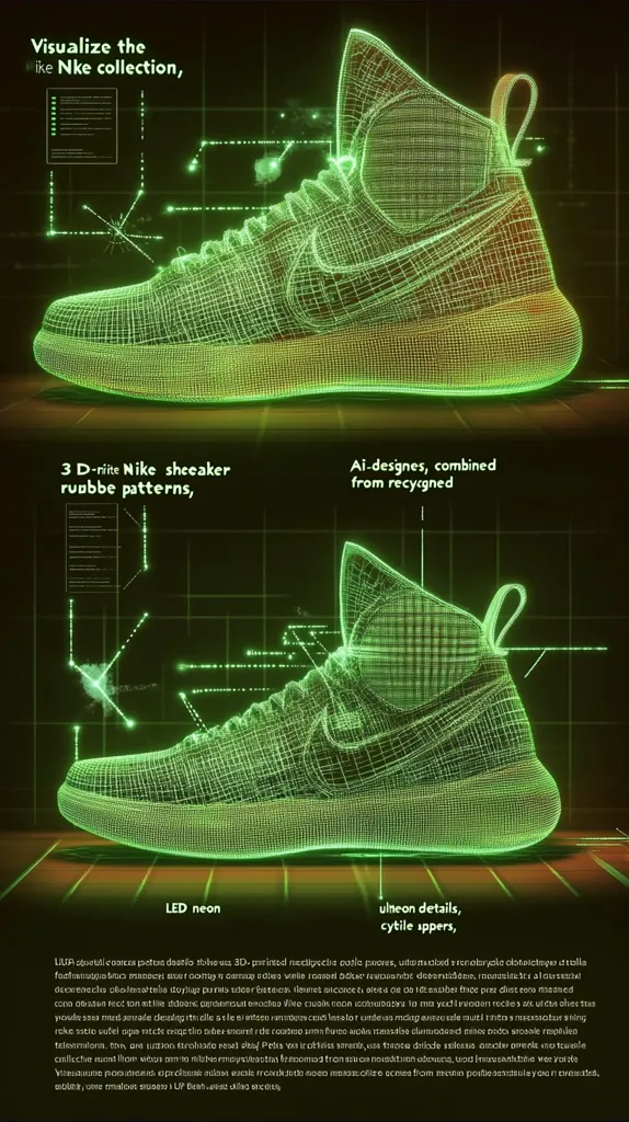 The image showcases a futuristic Nike sneaker design visualized in a 3D wireframe model.  Highlighted features include 3D-printed rubber patterns, AI-designed elements from recycled materials, LED neon accents, and unique upper details. The design is presented against a dark, technological background, emphasizing its innovative nature.