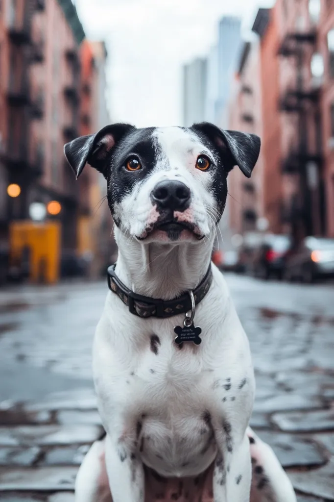 A black and white pit bull terrier mix sits on a city street, looking directly at the camera.  The dog wears a black collar with a bone-shaped tag.  The background is blurred, showcasing a city street with old brick buildings and out-of-focus vehicles.  The dog's expression is attentive and calm.