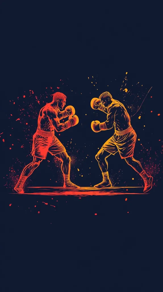A stylized illustration depicts two boxers facing off in a boxing ring.  Rendered in warm, contrasting tones of red and orange against a dark blue background, the image emphasizes the dynamic energy of the sport.  The boxers are depicted in a powerful stance, gloves raised, ready for combat.  Splashes of color add a sense of movement and intensity to the scene.