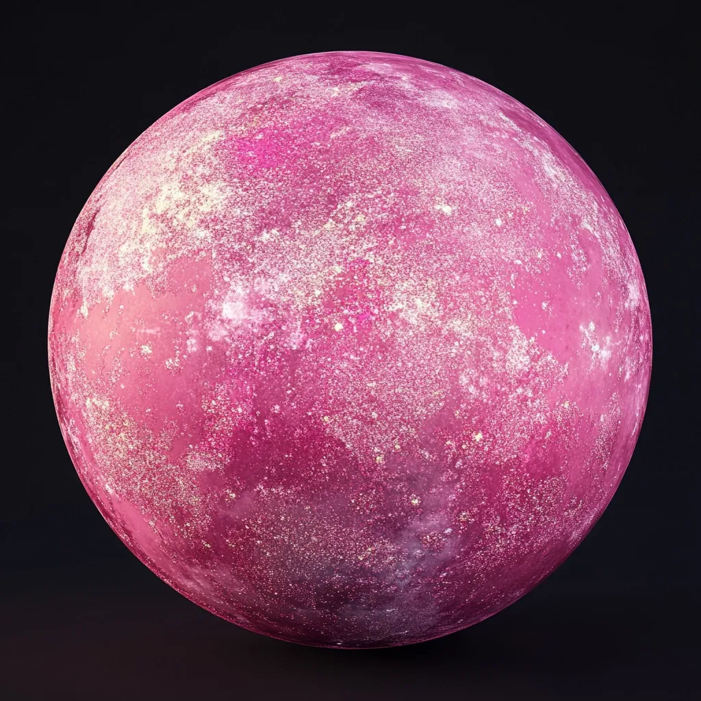 A vibrant pink sphere dominates the image, resembling a celestial body.  Its surface is textured with a sparkly, almost glittery effect, interspersed with darker pink patches.  The sphere is set against a stark black background, emphasizing its unique coloration and texture.  The overall impression is one of otherworldly beauty and cosmic wonder.