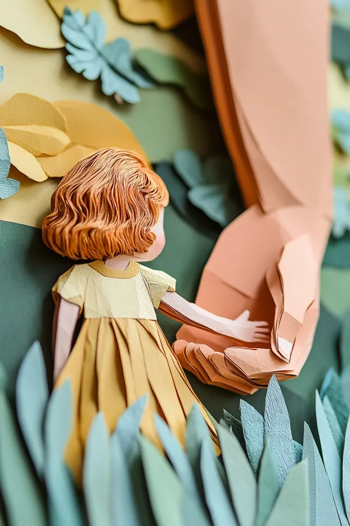 A meticulously crafted paper art piece depicts a young girl with curly orange hair, wearing a yellow dress, reaching for a large hand.  The scene is set amidst intricately folded paper foliage in muted greens and yellows, suggesting a tranquil outdoor setting.  The detail in the folds of the clothing and hair is remarkable, showcasing the artist's skill.  The overall feeling is one of gentle connection and warmth.