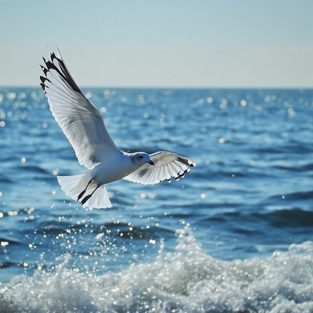 A white seagull with black wingtips glides effortlessly above a vibrant blue ocean.  The seagull's wings are outstretched, its body angled slightly downward.  White-capped waves crash gently in the foreground, creating a dynamic contrast against the calm sky. The overall scene is peaceful and serene, capturing the bird's freedom and the beauty of the ocean.