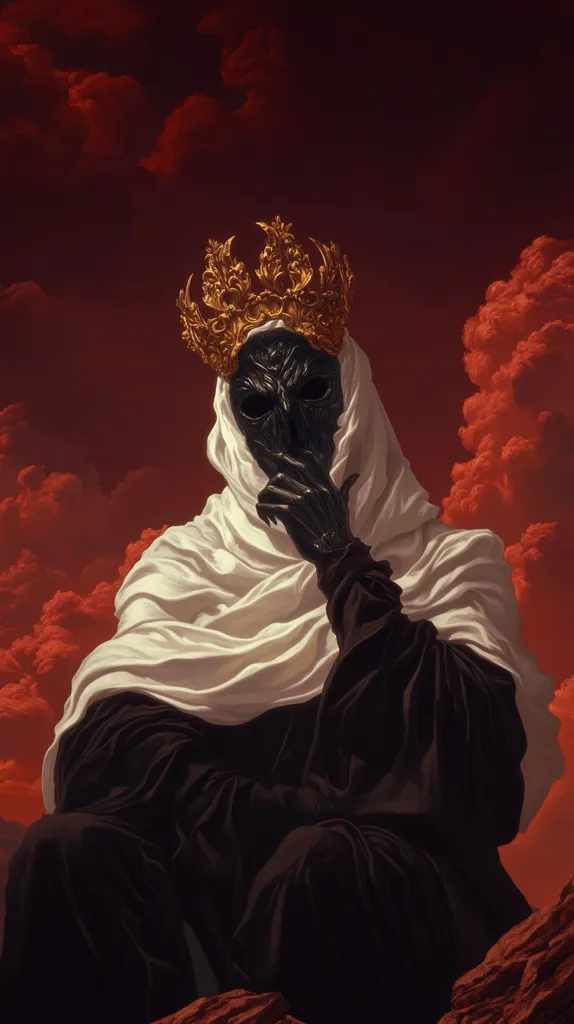 A dark figure, cloaked in white and black robes, wears a golden crown.  Their face is obscured by a skull-like mask, a hand raised to their mouth in a contemplative or secretive gesture. The backdrop is a dramatic crimson sky filled with swirling clouds, enhancing the mysterious and ominous atmosphere.  The artwork is richly detailed and evocative of fantasy or dark fantasy themes.