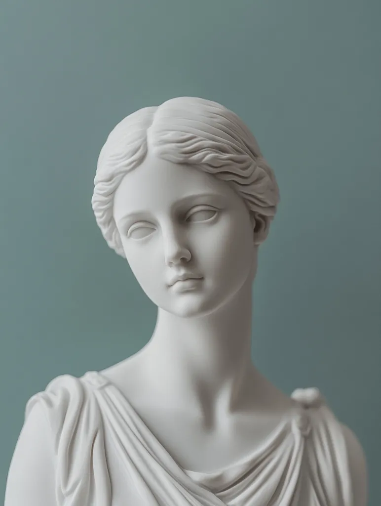 A close-up view of a classical-style bust sculpture of a woman.  The sculpture is white, seemingly made of marble or a similar material, and depicts a serene woman with her hair neatly styled.  She wears a draped garment typical of ancient Greek or Roman statuary. The background is a muted teal, providing a calm contrast to the statue's whiteness. The overall impression is one of elegance and timeless beauty.
