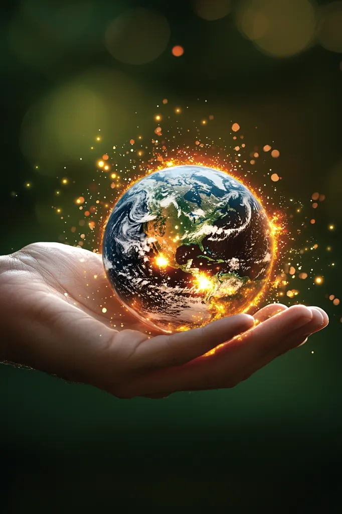 A hand gently cradles a glowing Earth, encircled by fiery sparks.  The image evokes a sense of fragility and the urgent need for environmental protection.  The planet's surface is detailed, while the warm, radiant energy suggests both potential and peril. The dark green background enhances the Earth's luminosity, creating a dramatic and powerful visual.