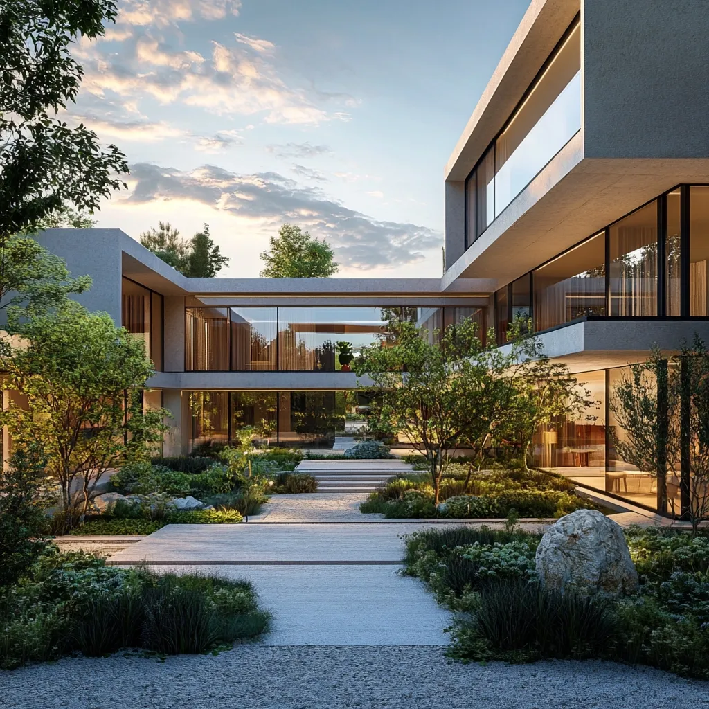 A modern, minimalist home features a tranquil courtyard.  The structure is composed of clean lines and large glass windows, allowing abundant natural light to fill the interior spaces.  Landscaped gardens, incorporating gravel pathways and meticulously placed shrubs and trees, create a serene atmosphere. The exterior is primarily concrete, complementing the minimalist aesthetic.  The overall design promotes a harmonious blend of architecture and nature.