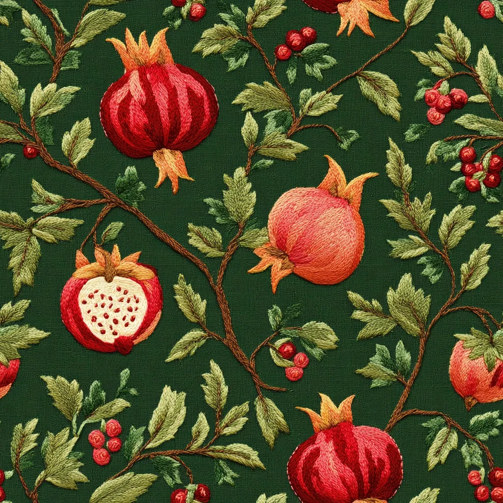 A seamless embroidered pattern showcases ripe pomegranates and delicate foliage on a deep green background.  Intricate stitching details the texture of the pomegranates' skins and seeds, while the leaves and berries add a touch of lushness.  The design evokes a classic, possibly vintage, aesthetic with its rich colors and meticulous embroidery. The repeating pattern is suitable for textiles or surface design.