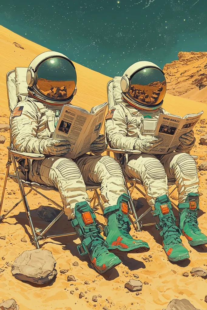 Two astronauts relax in folding chairs on Mars's sandy surface, under a starry sky.  They are both wearing spacesuits and reading newspapers, taking a break from their mission. The scene is serene and peaceful, highlighting a moment of quiet contemplation amidst the vastness of space exploration.  Their boots, a vibrant teal, contrast with the muted colors of the Martian landscape.