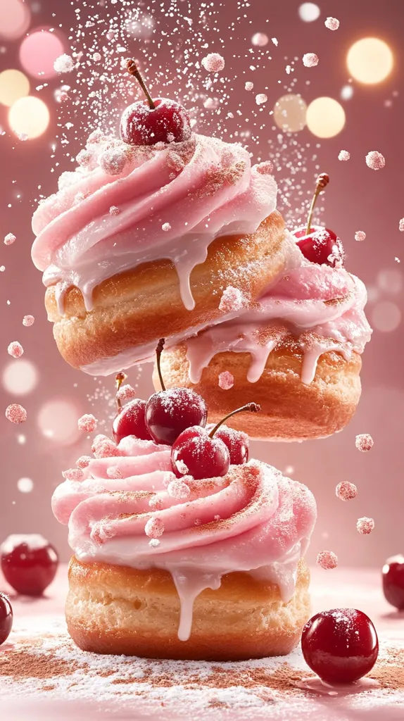 Three delectable doughnuts, adorned with pink frosting and glistening cherries, are artfully arranged.  A light dusting of powdered sugar adds a delicate touch, while a festive bokeh background enhances the image's cheerful ambiance. The scene is captured mid-air, with sprinkles floating around the treats, creating a dynamic and whimsical effect.  The overall impression is one of delightful sweetness and playful energy.
