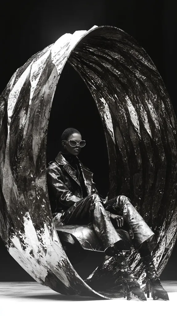 A monochrome image showcases a model, clad in a sleek leather jacket and pants, seated within a large, sculpted, metallic form resembling a wave or swirling vortex.  The model's short hair and sunglasses add to the edgy aesthetic. The backdrop is stark black, emphasizing the contrast between the model and the dramatic sculpture. The overall mood is stylish and avant-garde.