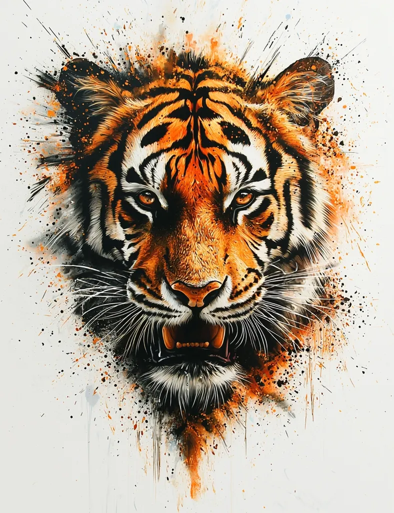 A majestic tiger's head is depicted in a vibrant painting.  The tiger's intense gaze and slightly open mouth reveal sharp teeth.  Surrounding the tiger is a dynamic splatter effect of orange and black paint, creating a sense of energy and movement.  The contrast between the detailed tiger and the abstract background is striking.  The artwork showcases impressive skill in capturing both realism and abstract expressionism.