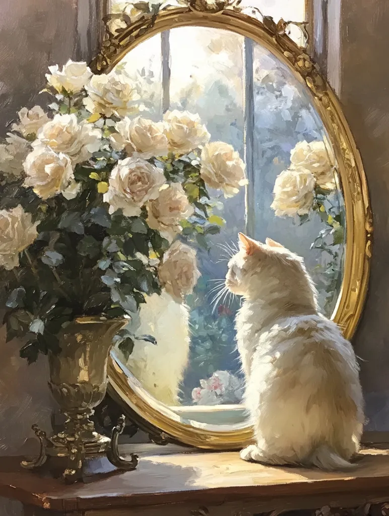 A white cat sits before an ornate oval mirror reflecting a sunlit window and a bouquet of white roses.  Sunlight streams into the room, illuminating the cat's fur and the gold frame. The scene is serene and elegantly painted, suggesting a quiet moment of contemplation.  The roses and the cat's reflection are subtly mirrored, creating a visually balanced composition.