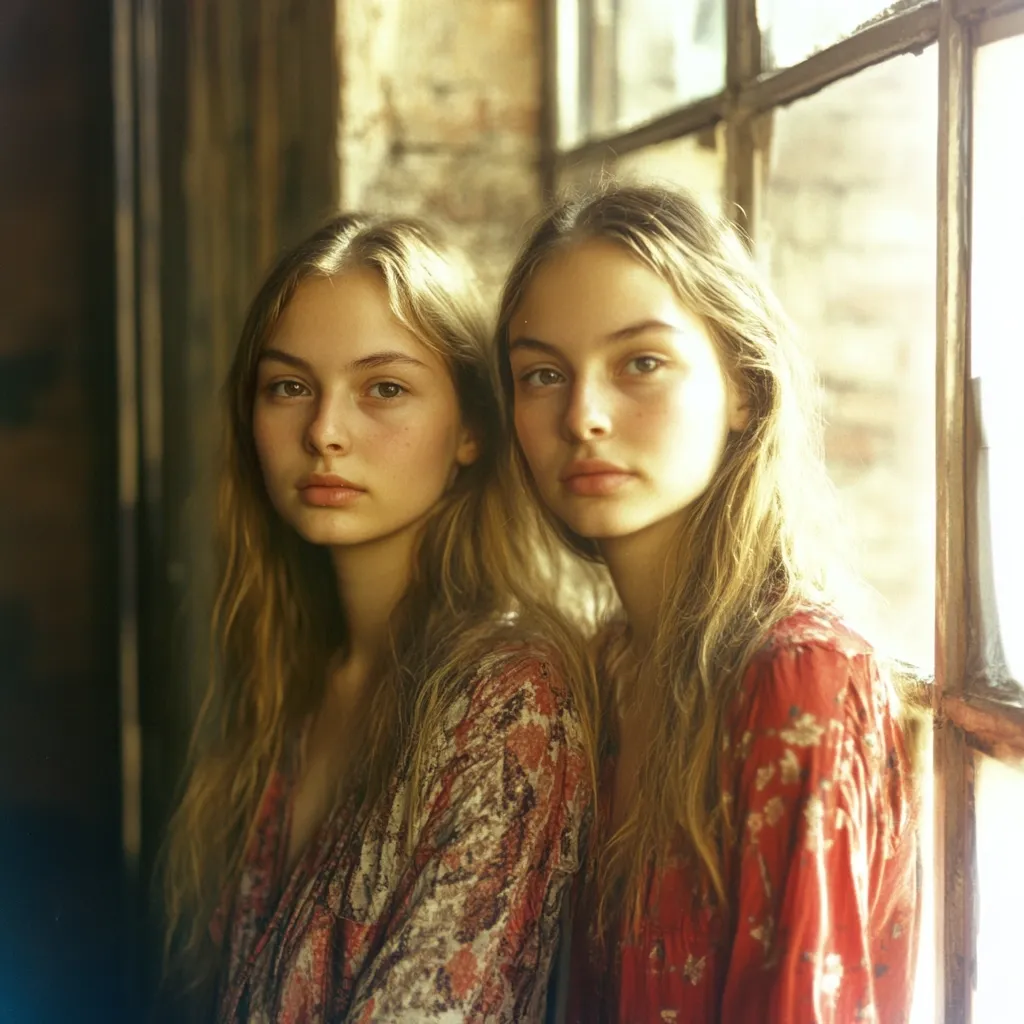 Two young women with long, light brown hair stand close together, shoulder to shoulder, near a window.  They wear similar patterned, reddish-toned dresses. The sunlight illuminates their faces and hair, creating a warm, nostalgic feel.  Their expressions are serene and slightly pensive. The background is a blurred, rustic interior.