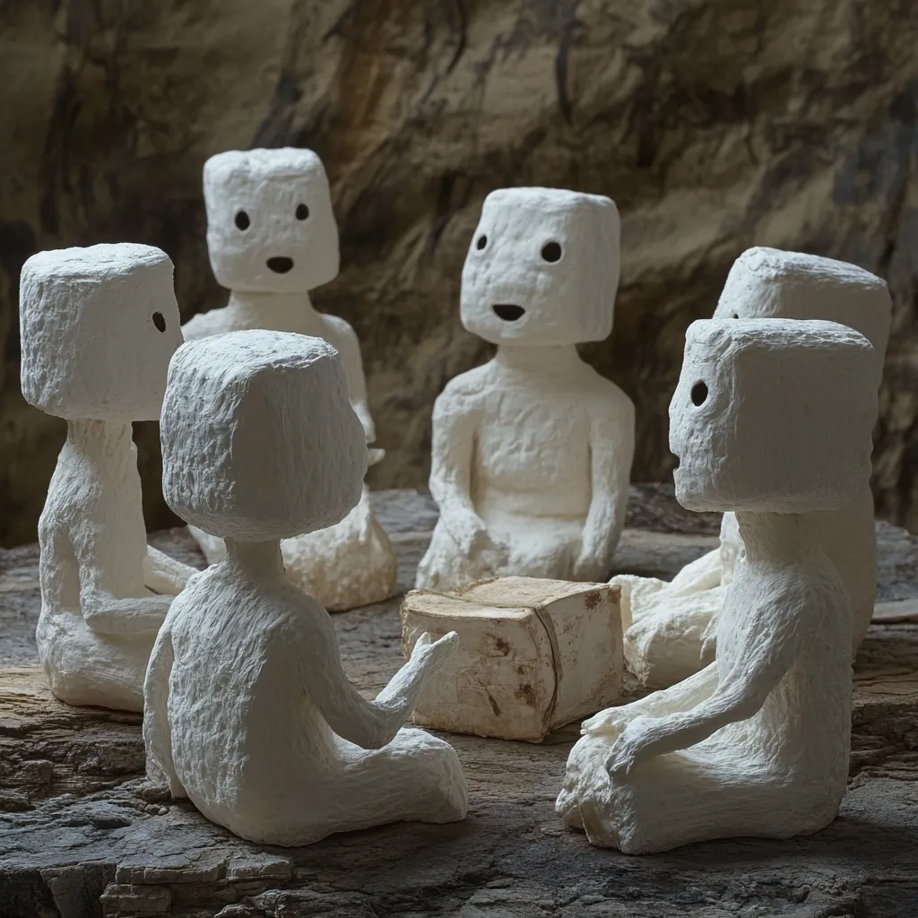 A circle of six small, white, cube-headed figures sits on a rough, dark surface.  They appear to be made of textured papier-mâché.  Their simple features and postures suggest a quiet gathering, possibly a story-telling session or a shared moment of contemplation.  A small, off-white rectangular object rests in the center, adding to the scene's enigmatic quality. The background is a blurred, earthy tone.