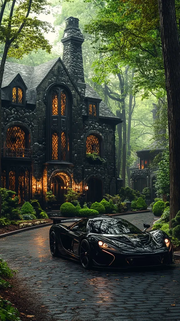 A sleek, black supercar sits on a cobblestone driveway before a gothic-style stone house.  The house, lit warmly from within, features arched windows and a tall chimney, nestled amongst lush, green trees in a misty forest setting.  The scene evokes a sense of mystery and opulence, a blend of modern luxury and timeless architecture.