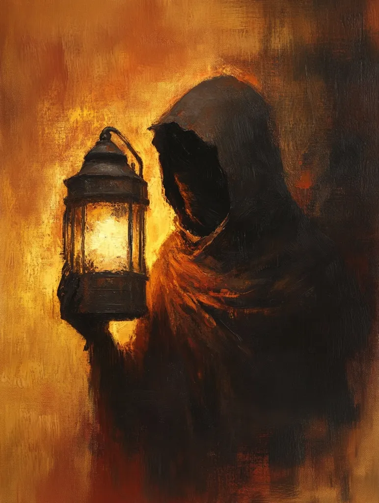 A shadowy figure, cloaked and hooded, holds a lantern emitting a warm glow against a fiery orange background.  The painting's style is impressionistic, with loose brushstrokes and a focus on atmosphere. The figure's face is obscured, adding to the mysterious and evocative mood. The warm light contrasts with the dark, creating a sense of both hope and foreboding.