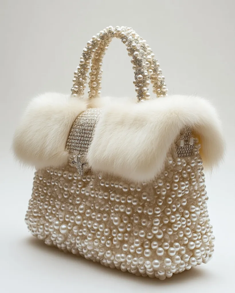 An exquisite handbag crafted from thousands of pearls.  The handles and a central clasp are embellished with sparkling rhinestones.  Luxurious white fur trim adds a touch of opulence, creating a glamorous and luxurious accessory perfect for special occasions.  The pearl texture is dense and uniform, giving the bag a refined and elegant look.