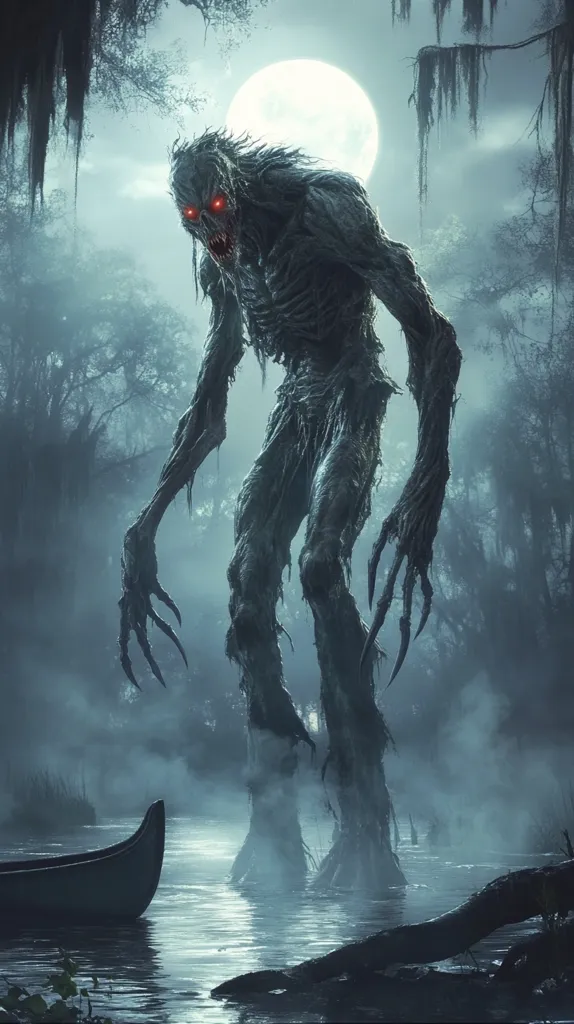 A monstrous creature, seemingly composed of decaying flesh and swamp vegetation, looms over a still, moonlit swamp.  Its glowing red eyes and clawed hands are menacing.  A lone canoe sits on the water in the foreground, emphasizing the creature's immense size and the desolate atmosphere. The scene is dark and ominous, evoking a sense of dread and the unknown.