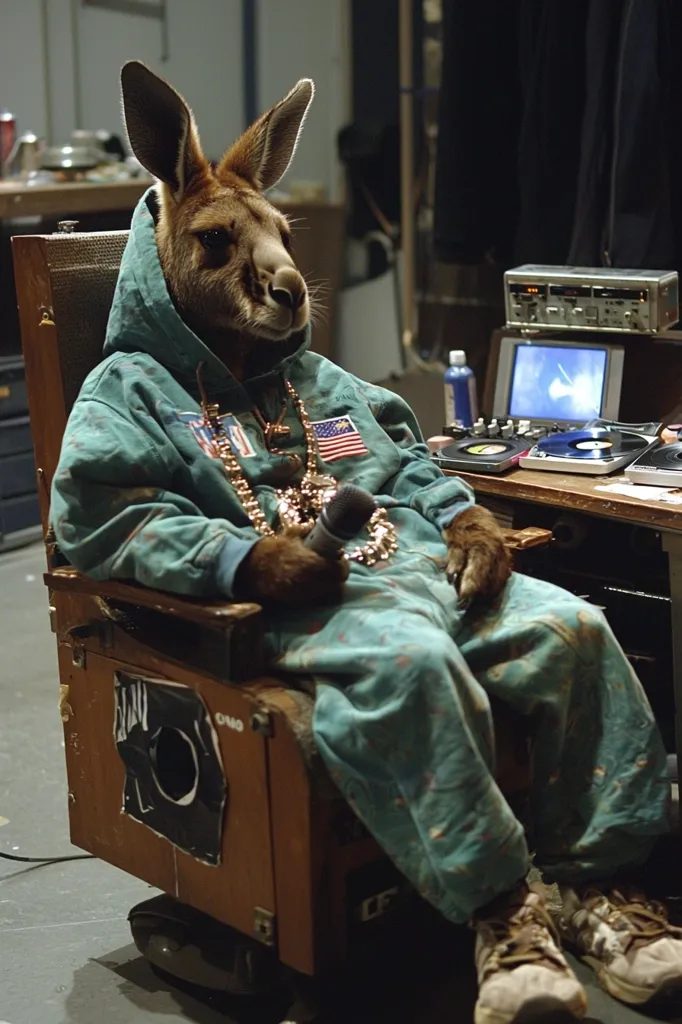 A kangaroo sits in a director's chair, dressed in a teal hoodie and matching pants, adorned with gold chains.  It holds a microphone, appearing as a hip-hop artist in a recording studio setting.  Turntables and audio equipment are visible in the background. The overall image is humorous and unexpected.
