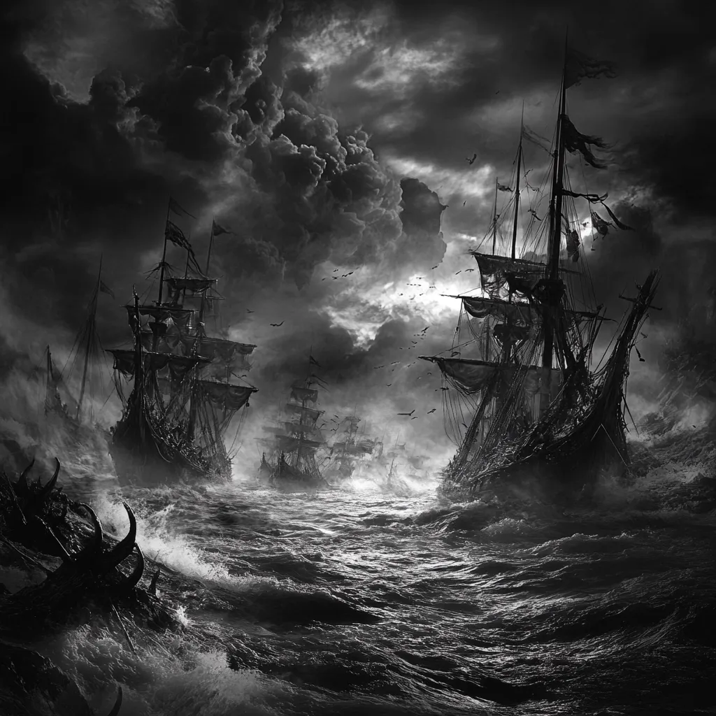 A dramatic black and white illustration depicts a fleet of antique sailing ships battling a tempestuous sea under a menacing, dark sky.  Waves crash against the vessels, suggesting a perilous journey. The overall mood is one of gloom and impending doom, evoking a sense of mystery and the power of nature.  Birds fly overhead, adding to the atmospheric intensity of the scene.