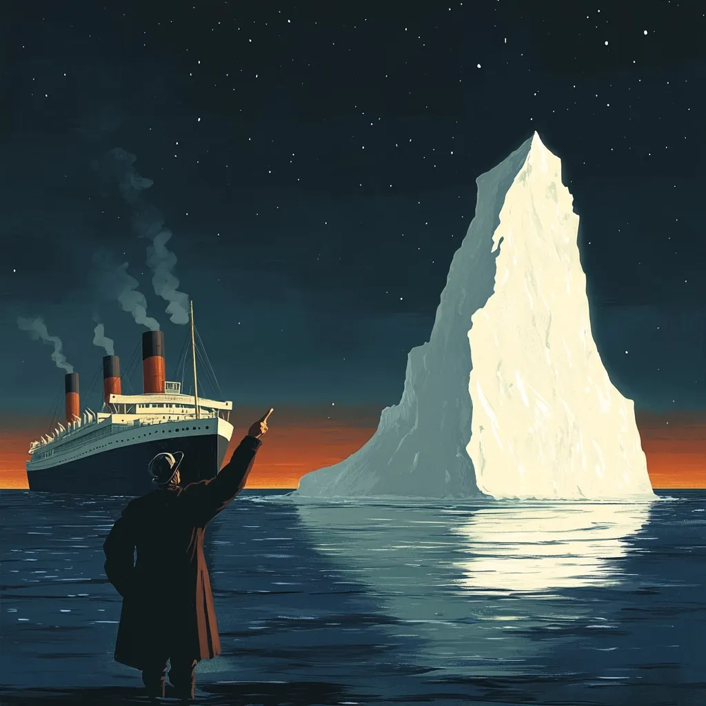 A stylized illustration depicts a Titanic-like ocean liner steaming towards a massive iceberg under a starlit sky. A man in a long coat stands on the deck, his arm outstretched, pointing towards the looming iceberg.  The scene is evocative of the Titanic disaster, blending realism with artistic license in its composition and color palette. The dark water reflects the iceberg and the ship, creating a dramatic and ominous atmosphere.