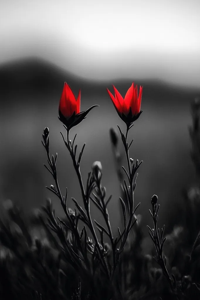 Two vibrant red flowers stand out against a monochrome backdrop of slender, dark stems and blurred grayscale foliage.  The flowers, possibly tulips or similar, are sharply focused, their petals a striking contrast to the muted background. A gentle hill is visible in the distance, further emphasizing the flowers' prominence. The image evokes a sense of delicate beauty and solitude.