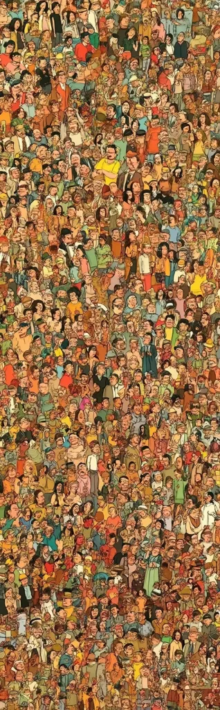 A densely packed crowd of diverse individuals fills the image.  Hundreds of people, depicted in a cartoonish style with varied clothing and expressions, create a vibrant, textured scene.  The individuals are tightly arranged, suggesting a large gathering or a bustling street scene.  The overall color palette is warm and earthy, with shades of brown, yellow, and orange predominating.