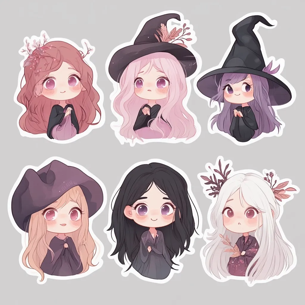 Six adorable chibi witch girls, each with unique hair color and style, are presented.  They wear witch hats and dark robes, some adorned with floral accents.  Their large eyes and sweet expressions convey a charming and innocent demeanor.  The artwork is in a soft, pastel color palette, creating a gentle and whimsical feel.
