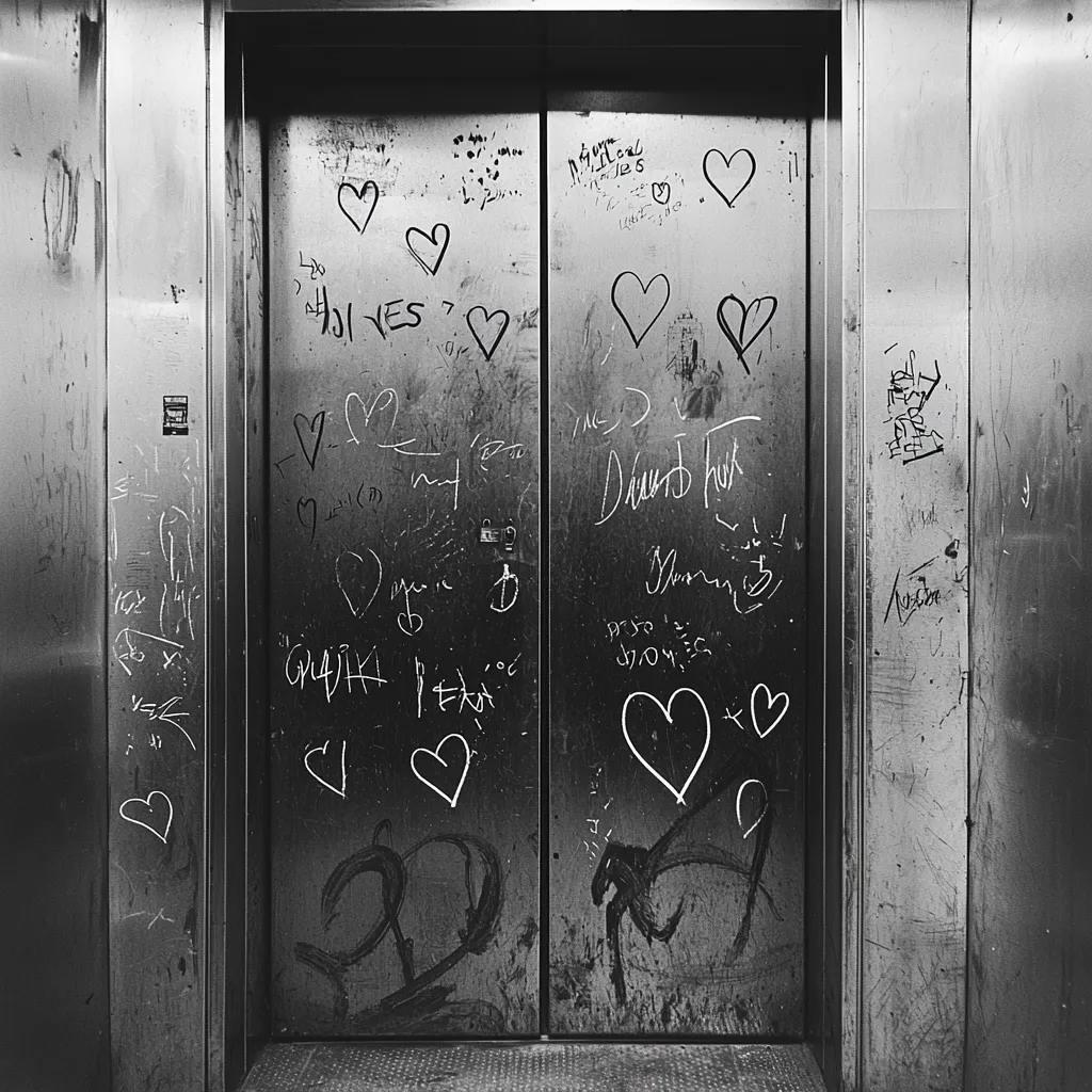 A black and white photograph depicts elevator doors heavily covered in graffiti.  Numerous hearts are drawn, alongside names, dates, and other markings scrawled in what appears to be chalk or pencil. The metal doors are worn and show signs of age and use. The overall mood is one of urban decay and transient expression.
