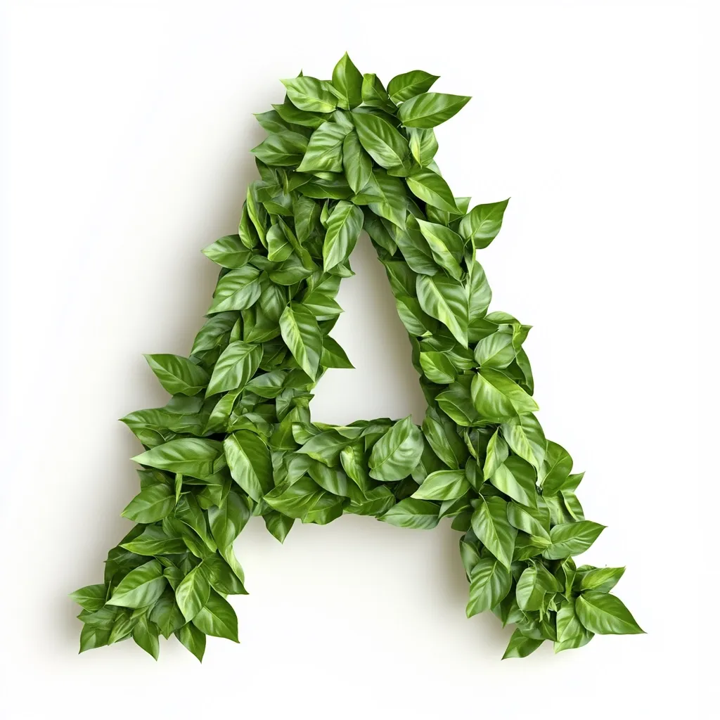 A vibrant capital letter "A" is crafted entirely from lush, green leaves.  The leaves, densely packed together, create a three-dimensional effect, giving the letter a natural and organic texture. The bright green hue contrasts beautifully against the stark white background, making the leafy "A" the focal point of the image.  The arrangement is meticulously formed, showcasing the letter clearly.