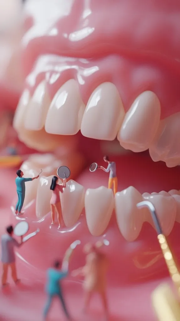 A close-up image shows a large model of a human jaw and teeth.  Miniature figures are depicted working on the teeth, using tiny dental tools like mirrors and picks. The scene is playful and surreal, highlighting the intricate detail of dental work on a magnified scale. The pink gums and bright white teeth are vividly rendered.