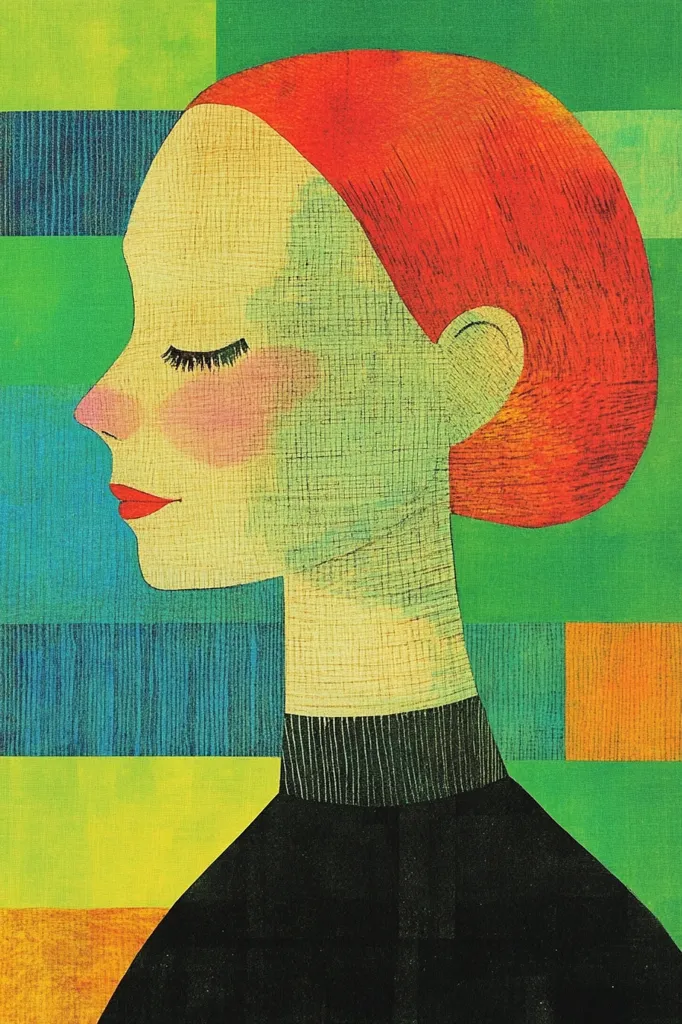 A stylized portrait of a woman with vibrant red hair, depicted in profile against a backdrop of geometric, multicolored blocks.  Her eyes are closed, suggesting serenity or contemplation.  The textured style utilizes bold colors and visible brushstrokes, creating a piece with both graphic simplicity and artistic depth.  The overall mood is calm and introspective.