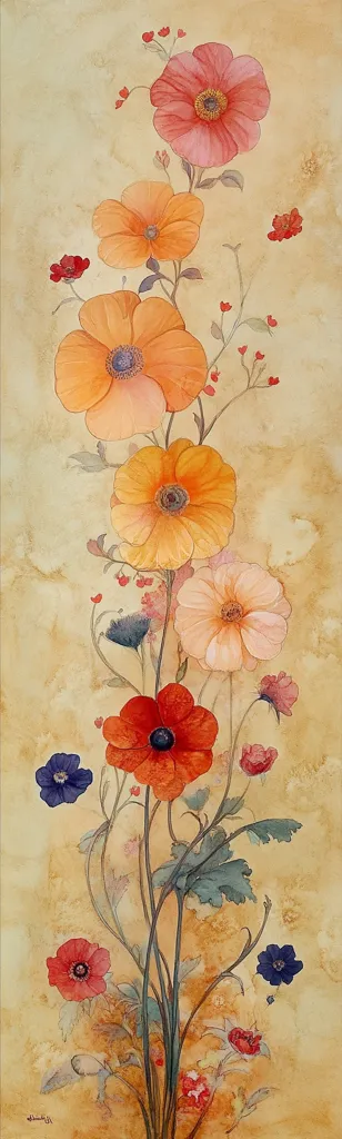 A watercolor painting depicts a vibrant bouquet of flowers against a muted beige backdrop.  Various blooms in shades of orange, red, pink, and blue are arranged in a vertical composition.  The delicate stems and leaves create a sense of movement, with smaller blossoms scattered amongst the larger ones. The artist's style is detailed, showcasing the texture and subtle color variations within each petal. The overall effect is one of elegant simplicity and natural beauty.