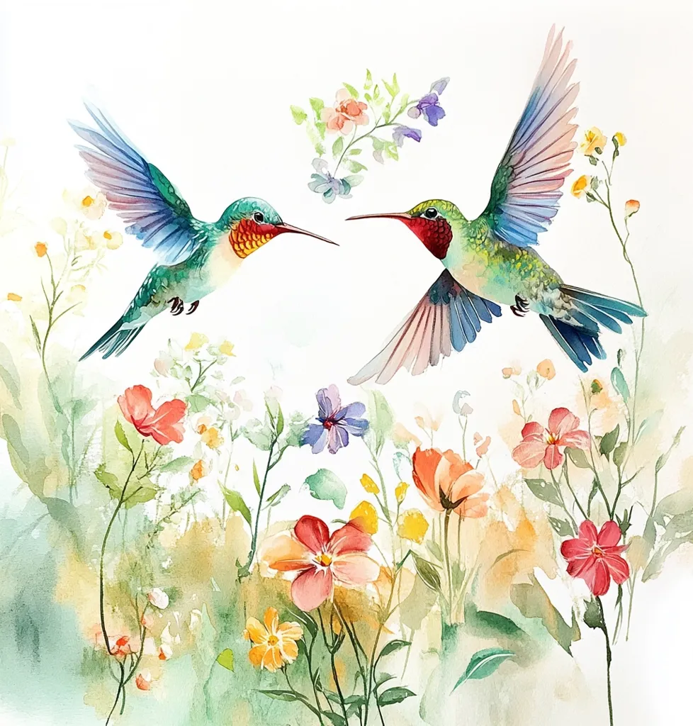 A watercolor painting depicts two vibrant hummingbirds in flight, facing each other amidst a field of colorful wildflowers.  The birds are rendered with delicate detail, showcasing their iridescent plumage. The flowers, in various shades of pink, orange, and yellow, create a soft, romantic backdrop against a white background. The overall style is light, airy, and evokes a feeling of springtime and nature's beauty.