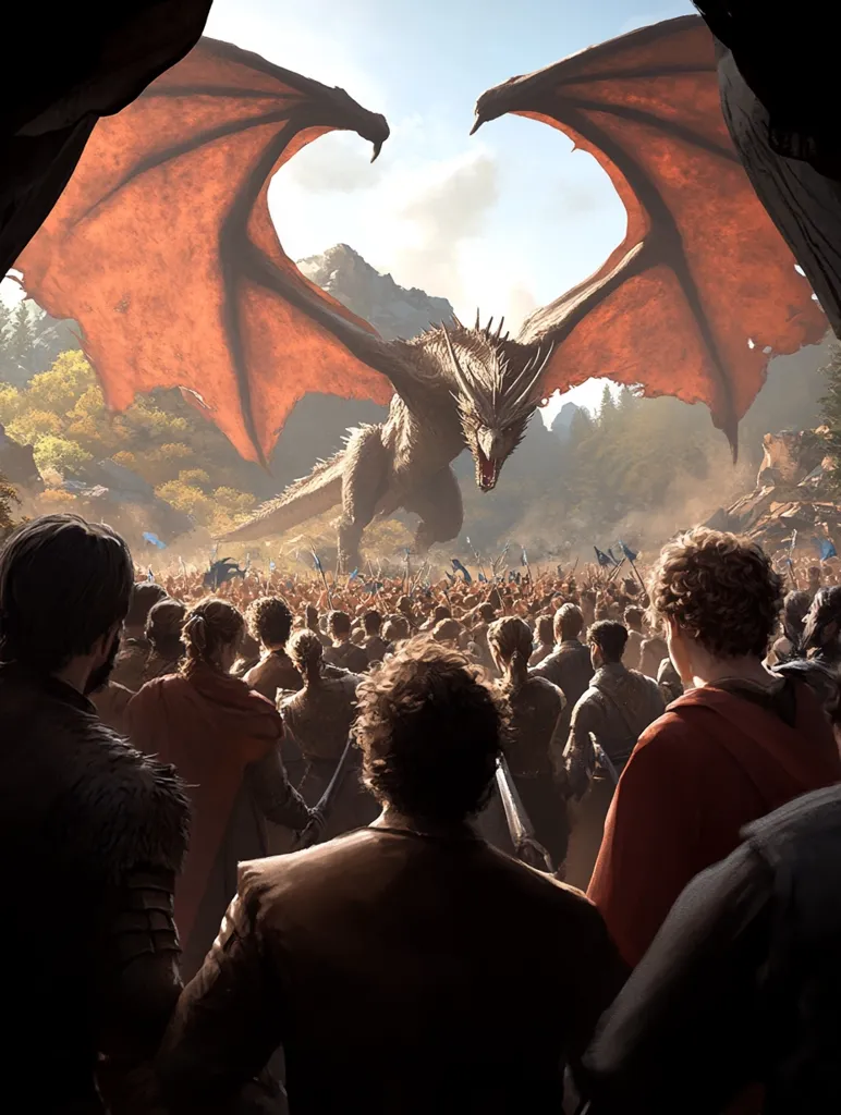 A massive, majestic dragon, with large, outstretched orange wings, dominates the scene.  It stands before a vast army of people, their backs to the viewer, appearing small and intimidated by the colossal creature.  The dragon fills most of the frame, its powerful presence overshadowing the human figures below.  The setting appears to be a mountainous region with a backdrop of trees and a cloudy sky.