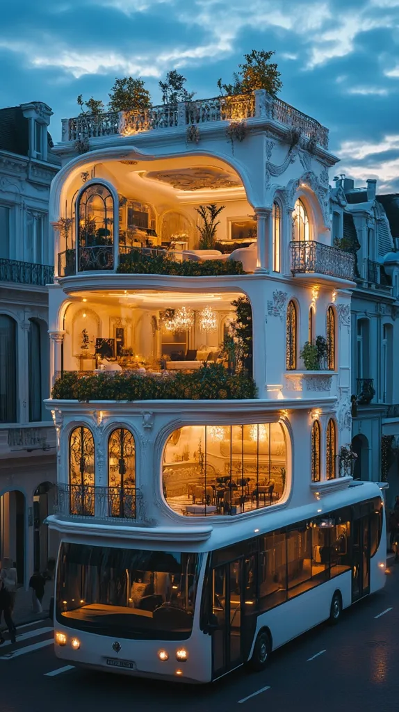 A stunning three-story mansion, illuminated from within, sits atop a sleek, white bus.  The building's ornate white facade features arched windows and balconies, showcasing a luxurious interior visible through large glass panels.  Warm lighting creates a cozy ambiance against the twilight backdrop of a city street. The unique architectural design blends opulence with unexpected transportation integration.