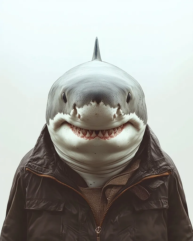 A digital artwork depicts a great white shark's head seamlessly integrated onto a human body wearing a brown jacket. The shark's mouth is slightly open, revealing sharp teeth, creating a humorous juxtaposition of animal and human features.  The image is set against a plain, off-white background, focusing attention on the unusual combination. The overall style is realistic, yet surreal and slightly unsettling.