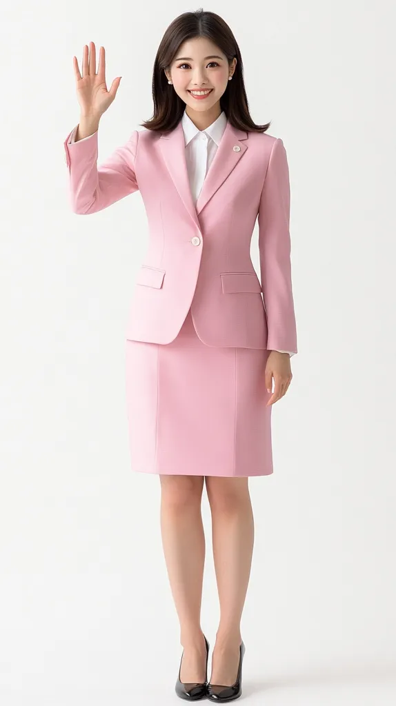 A young woman in a light pink business suit stands against a white background. She is smiling and waving with one hand raised. Her outfit consists of a matching blazer and pencil skirt, paired with a crisp white shirt and black heels.  The image conveys professionalism and a friendly demeanor.