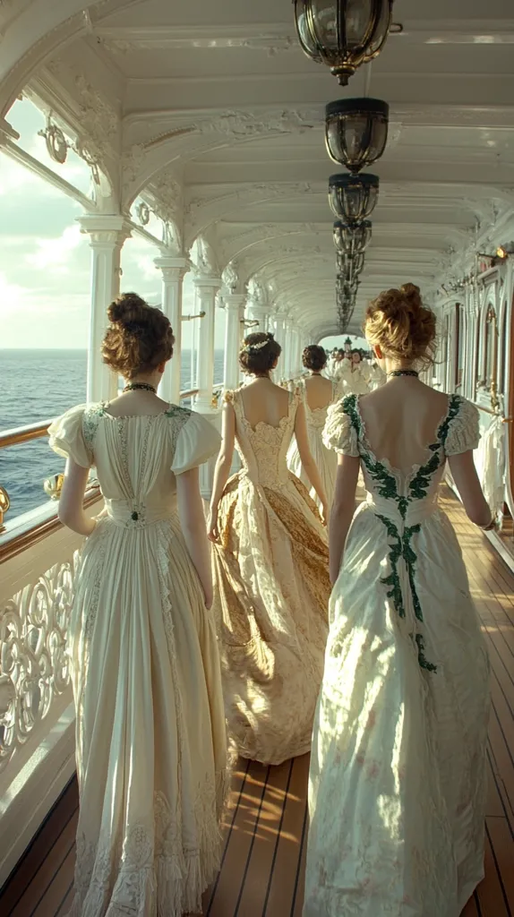 Four women in elegant, flowing Edwardian-era gowns stroll along the sun-drenched deck of a grand ocean liner.  The ornate ship's architecture creates a stunning backdrop.  The women's gowns are in shades of cream and ivory, with delicate lace detailing. The ocean stretches to the horizon in the background.  The scene evokes a sense of opulence and a bygone era.