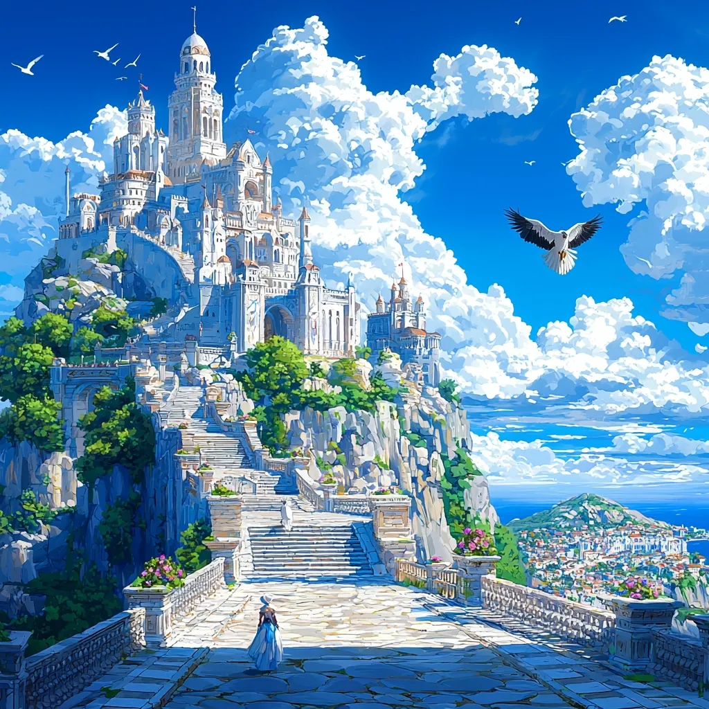 A majestic white castle, perched atop a cliff overlooking a coastal town, dominates the scene under a bright blue sky filled with fluffy clouds.  A long, grand staircase leads down to the town below.  A lone figure in a blue dress walks towards the castle, while a bird soars overhead.  The idyllic setting evokes a sense of fantasy and wonder.