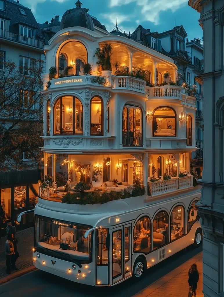 A stunning, double-decker bus is transformed into a luxurious, multi-level house.  Illuminated from within, the opulent structure boasts balconies, large windows showcasing lavish interiors, and intricate architectural details.  It's parked on a city street at twilight, creating a captivating juxtaposition of urban setting and extravagant design.  The scene exudes wealth and unique architectural creativity.