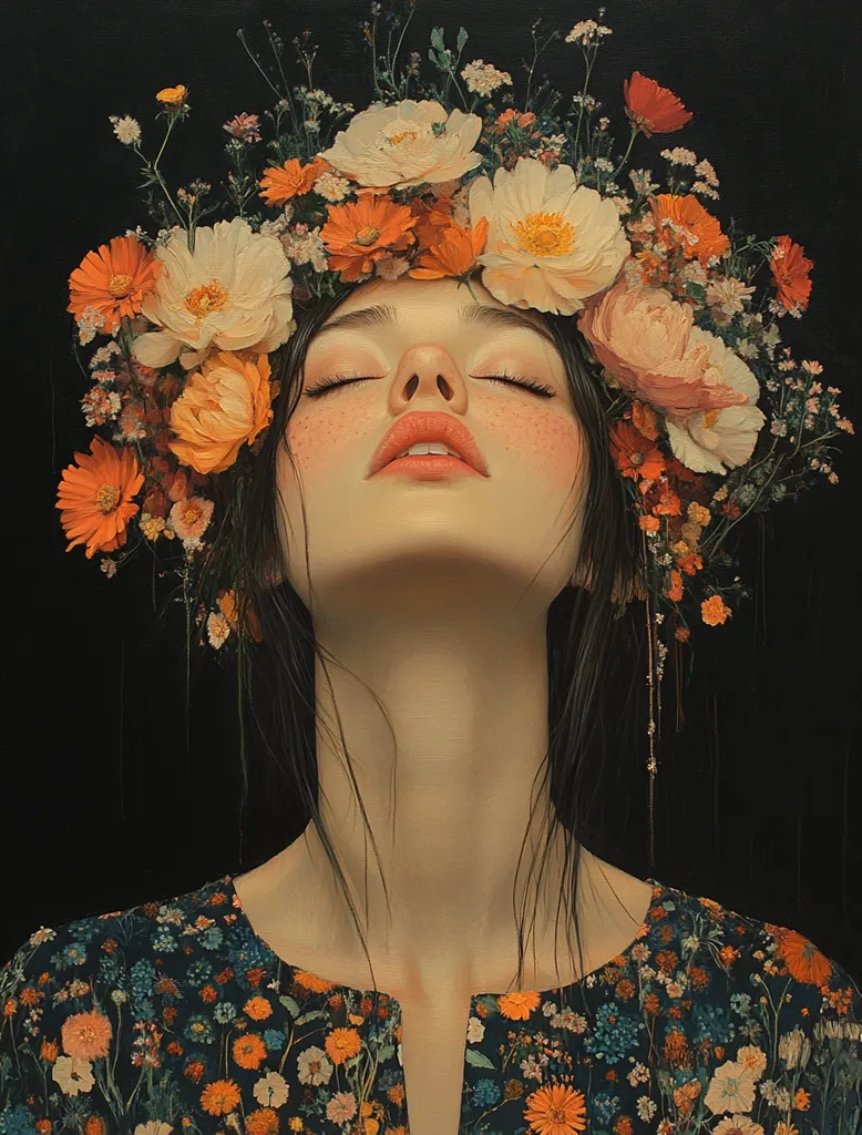 A hyperrealistic painting depicts a young woman with her eyes closed, adorned with a vibrant crown of orange and white flowers.  Her dark hair cascades down her neck, and she wears a floral-printed dress that complements the crown.  The woman's serene expression and the rich colors create a dreamy, ethereal atmosphere against the dark background. The painting's detail is exquisite, showcasing the texture of both the flowers and the woman's skin.