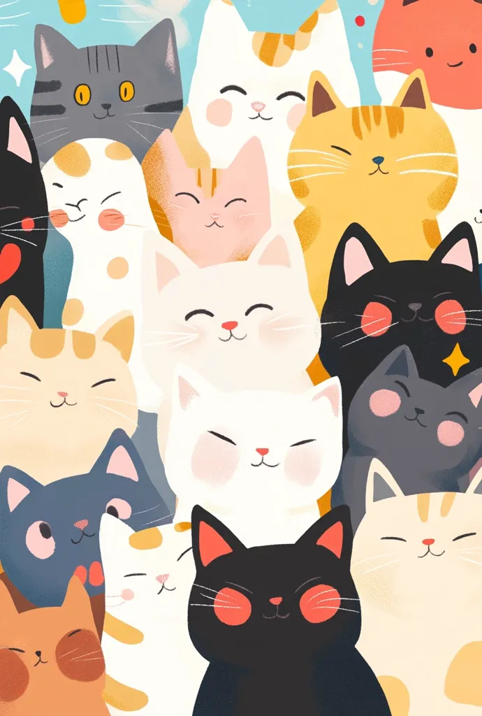 A delightful illustration features a multitude of adorable cartoon cats, each with unique color patterns and expressions.  They're clustered together, creating a cheerful and playful scene.  The cats boast varying fur colors, from soft pastels to deep blacks, and all exhibit happy, closed-eye smiles. The overall style is cute and whimsical.