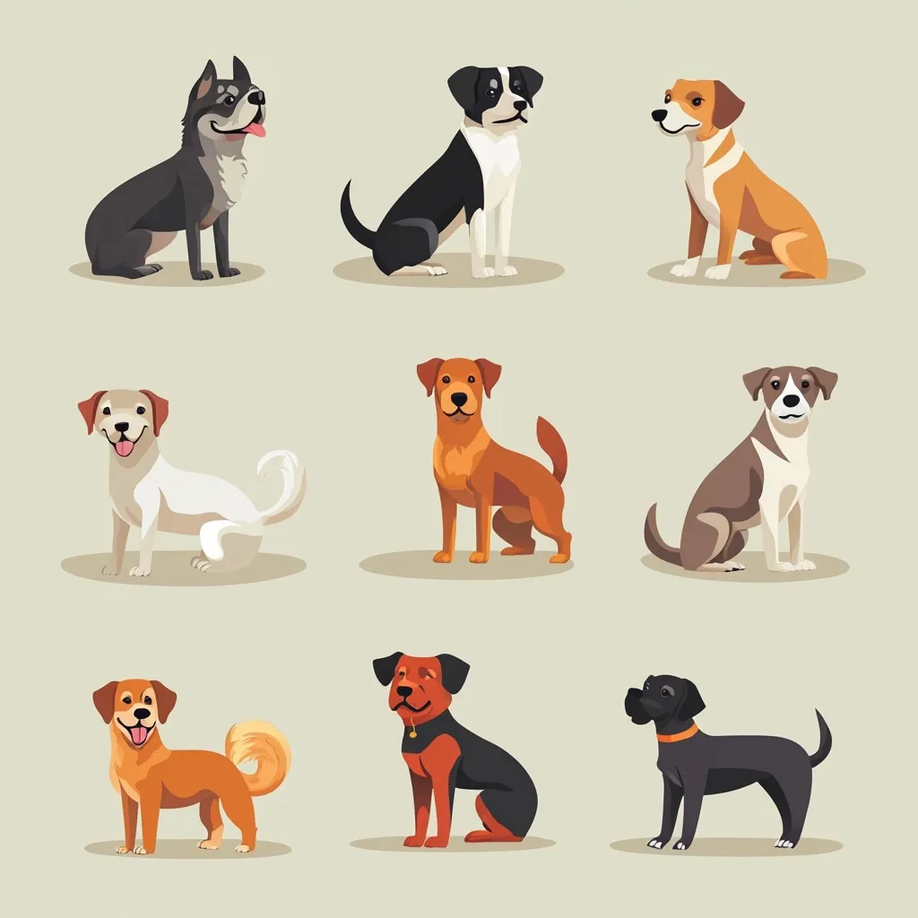 A collection of nine diverse dog breeds, illustrated in a cartoon style, are presented.  Each dog is depicted in a sitting or standing pose, showcasing a variety of colors and coat patterns.  The breeds range from small to medium-sized, exhibiting different body shapes and facial features.  The dogs are individually positioned on a light beige background.