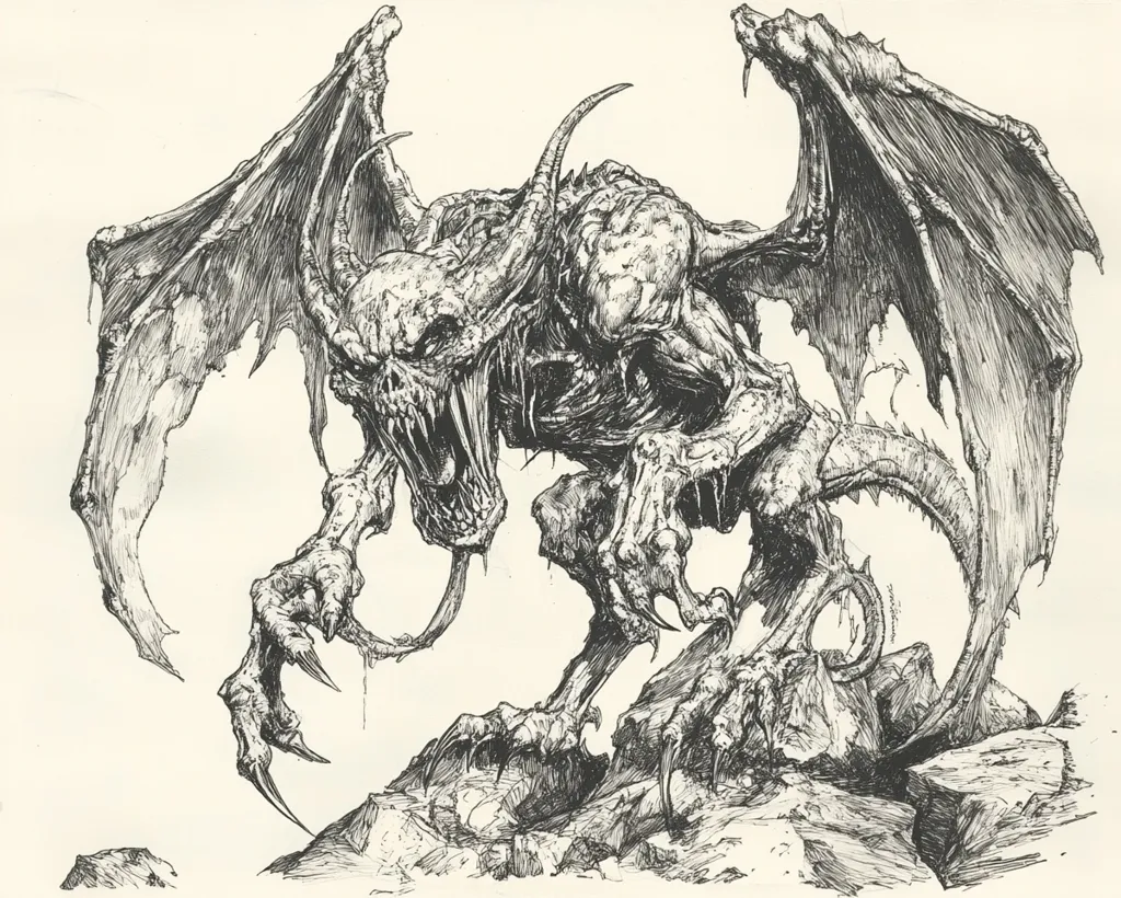 A detailed ink drawing depicts a monstrous creature, possibly a demonic dragon or gargoyle.  Its body is gaunt and skeletal, with sharp claws and horns.  Large, leathery wings are spread wide, and its gaping maw reveals sharp teeth.  The creature stands on a rocky outcrop, its posture aggressive and menacing. The style is dark and highly detailed, emphasizing the creature's terrifying features.