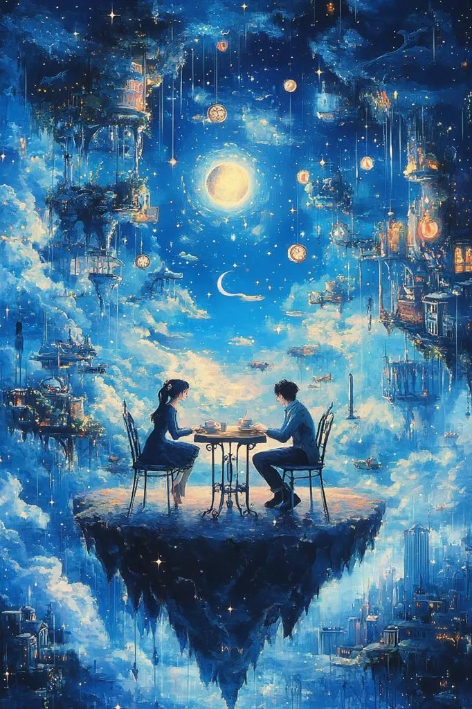 A whimsical painting depicts a couple enjoying tea on a floating island amidst a breathtaking celestial scene.  Surrounding them are fantastical floating cities, twinkling stars, a bright moon, and a crescent moon. The artwork is rendered in vibrant blues and evokes a dreamlike, romantic atmosphere.  The overall effect is one of magical realism and serene beauty.