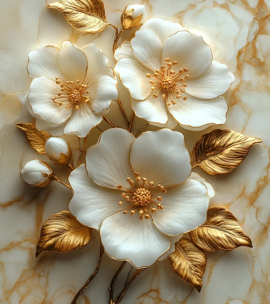 A close-up view of an ornate floral arrangement.  Three large, creamy white blossoms with gold-accented centers are the focal point.  The flowers are artfully arranged with gold-leafed stems and leaves against a marble background. The three-dimensional effect gives the image a sculpted quality, luxurious and elegant.