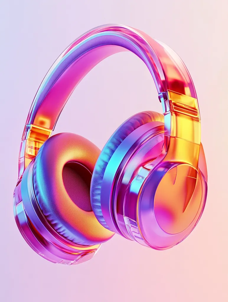 A pair of vibrant, iridescent headphones, boasting a gradient of pink, orange, and blue hues, are showcased against a soft, pastel background.  The glossy finish and sleek design of the headphones suggest a modern and stylish audio device, perfect for immersive listening experiences. The image emphasizes the headphones' unique color-shifting effect, capturing the light's play across their surface.