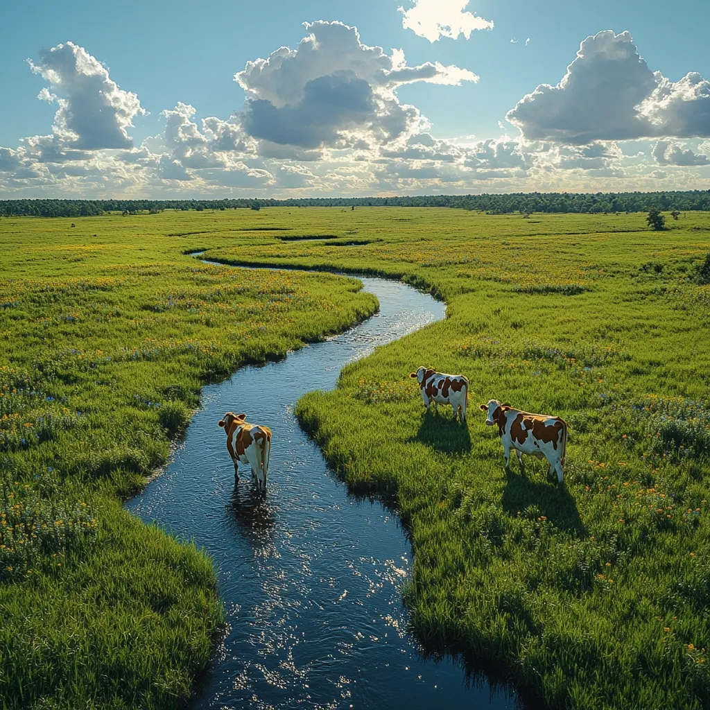 Three brown and white cows graze in a lush green field, a meandering creek flowing through the center of the image. The vibrant landscape is bathed in sunlight under a partly cloudy sky. The scene evokes a sense of tranquility and pastoral beauty, showcasing the idyllic nature of rural life.