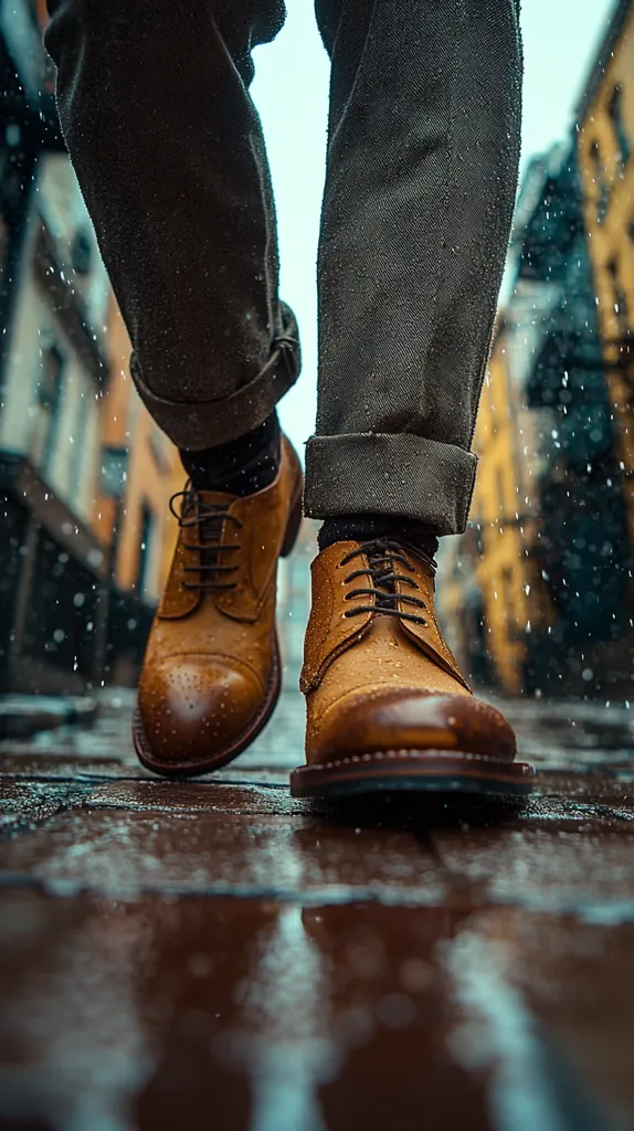 A low-angle close-up captures a person's legs and feet clad in dark-colored pants and polished brown leather brogue shoes.  The pants are cuffed, and the shoes are wet from rain, reflecting the city street and falling droplets. The background is slightly blurred, showcasing a city street scene in rainy conditions.  The image emphasizes the texture of both the pants and the wet leather.
